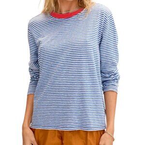 Clare V. Long Sleeve Tee Mini Stripe, Nautical Blue/White w/ Red - Womens Small